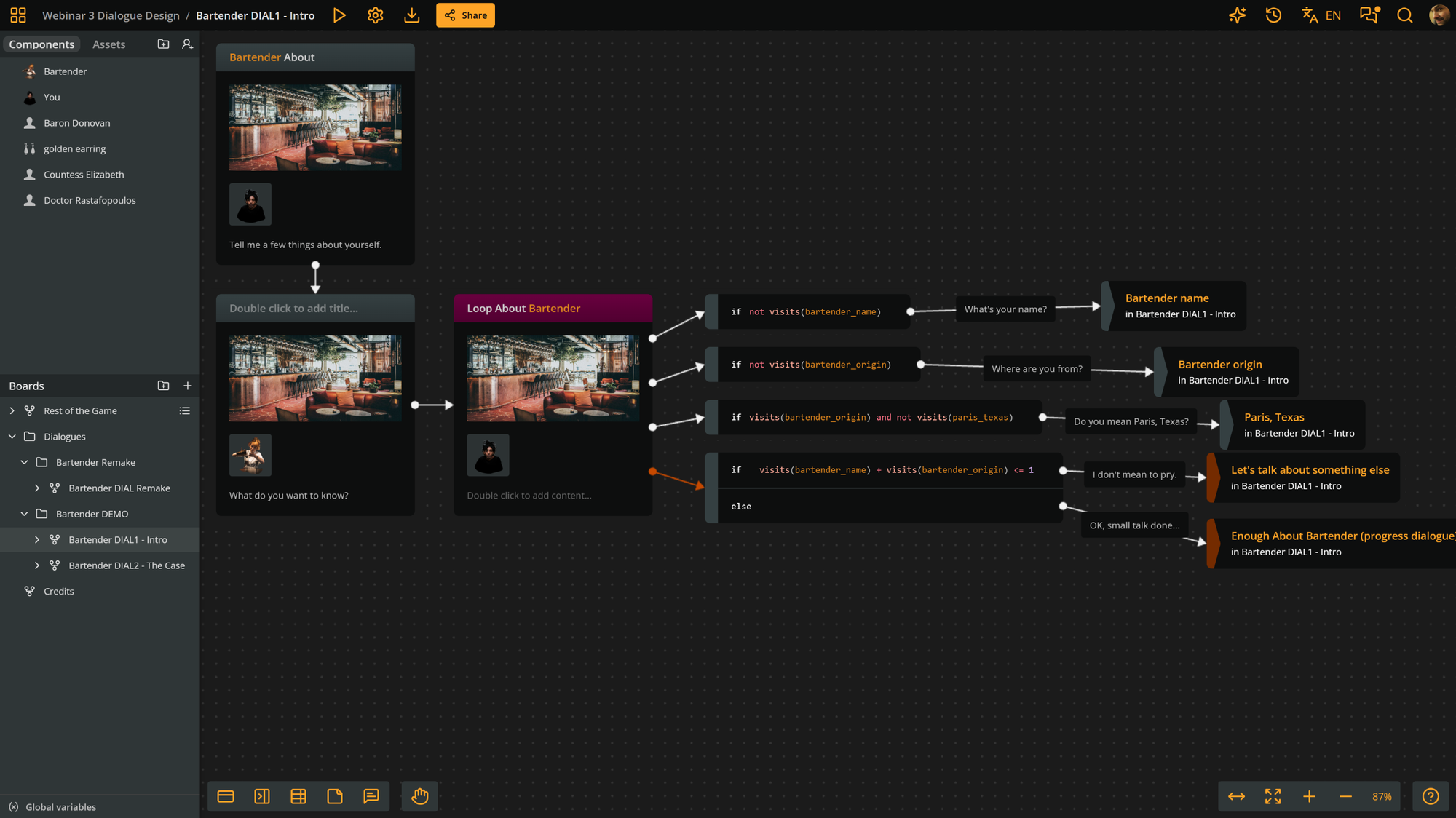 Arcweave project environment: the "about npc" topic hub with its conditional options.
