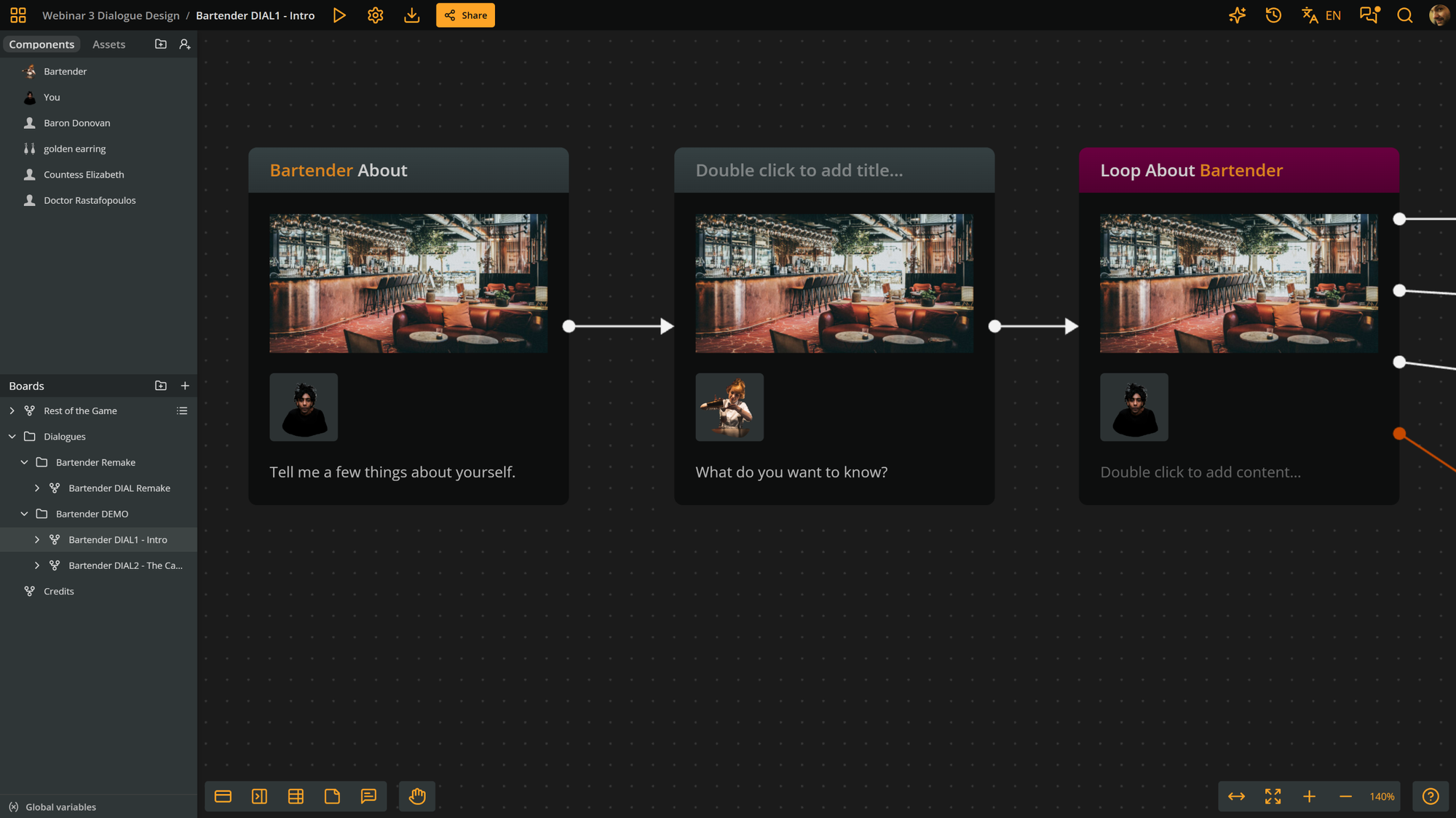 Arcweave project environment, showing two elements with dialogue lines and speaker components attached.