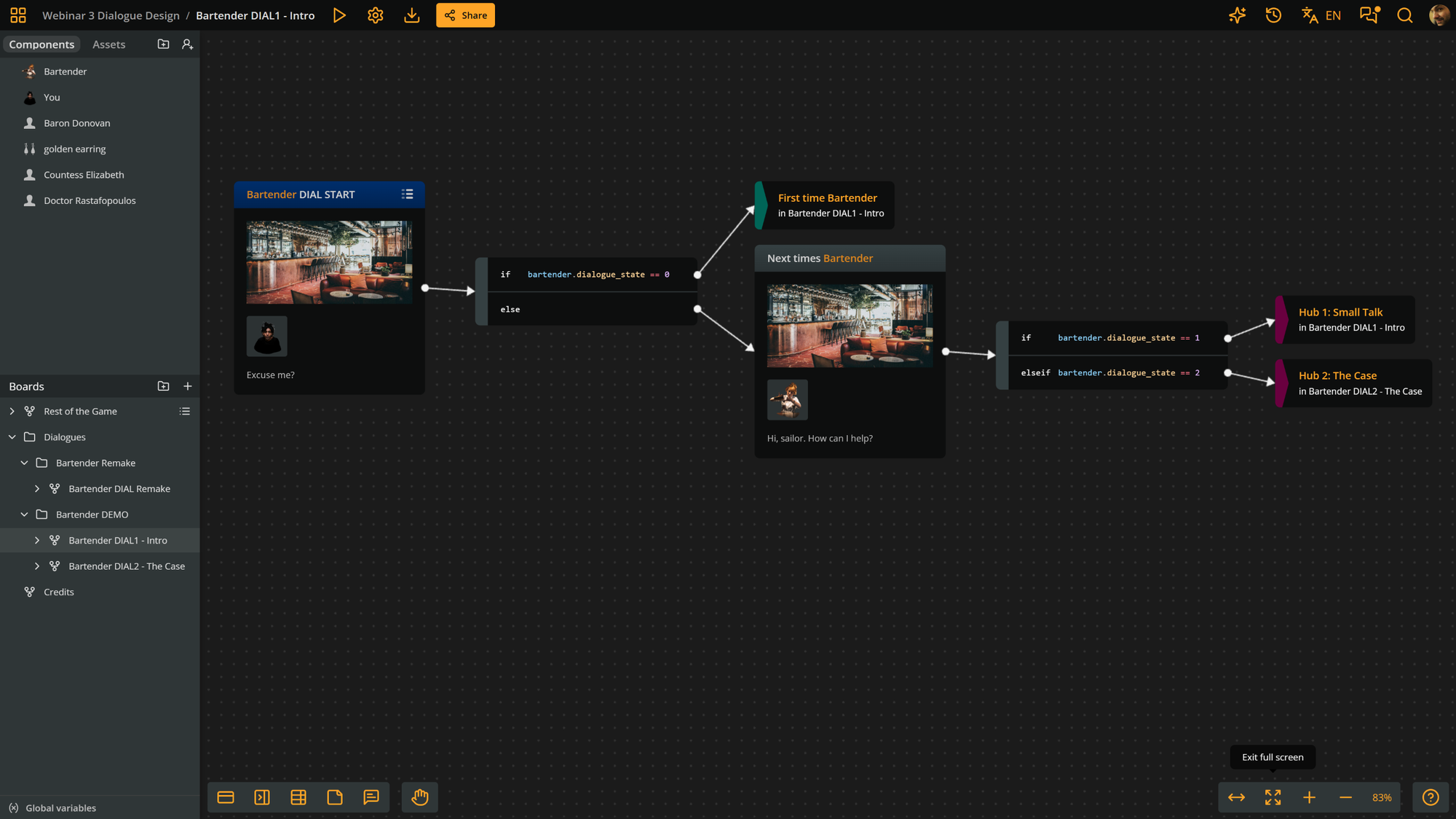 Arcweave project environment, showing the dialogue's starting element, followed by branches and conditions that divert the flow.