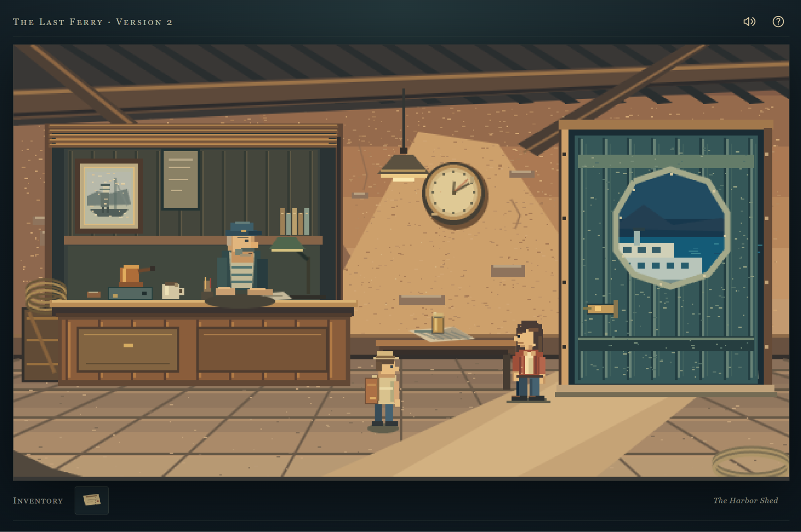 Screenshot of the point-and-click game: a faux pixel art harbour shed with a ferry manager behind the counter, the player sprite, and another customer