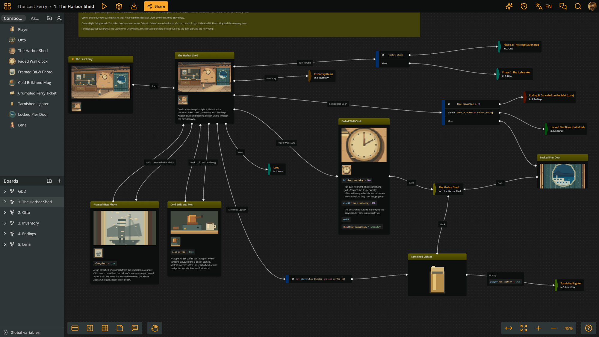 Arcweave project environment for the point-and-click game. The text, logic, and assets is represented on a visual board with interconnected nodes (elements).