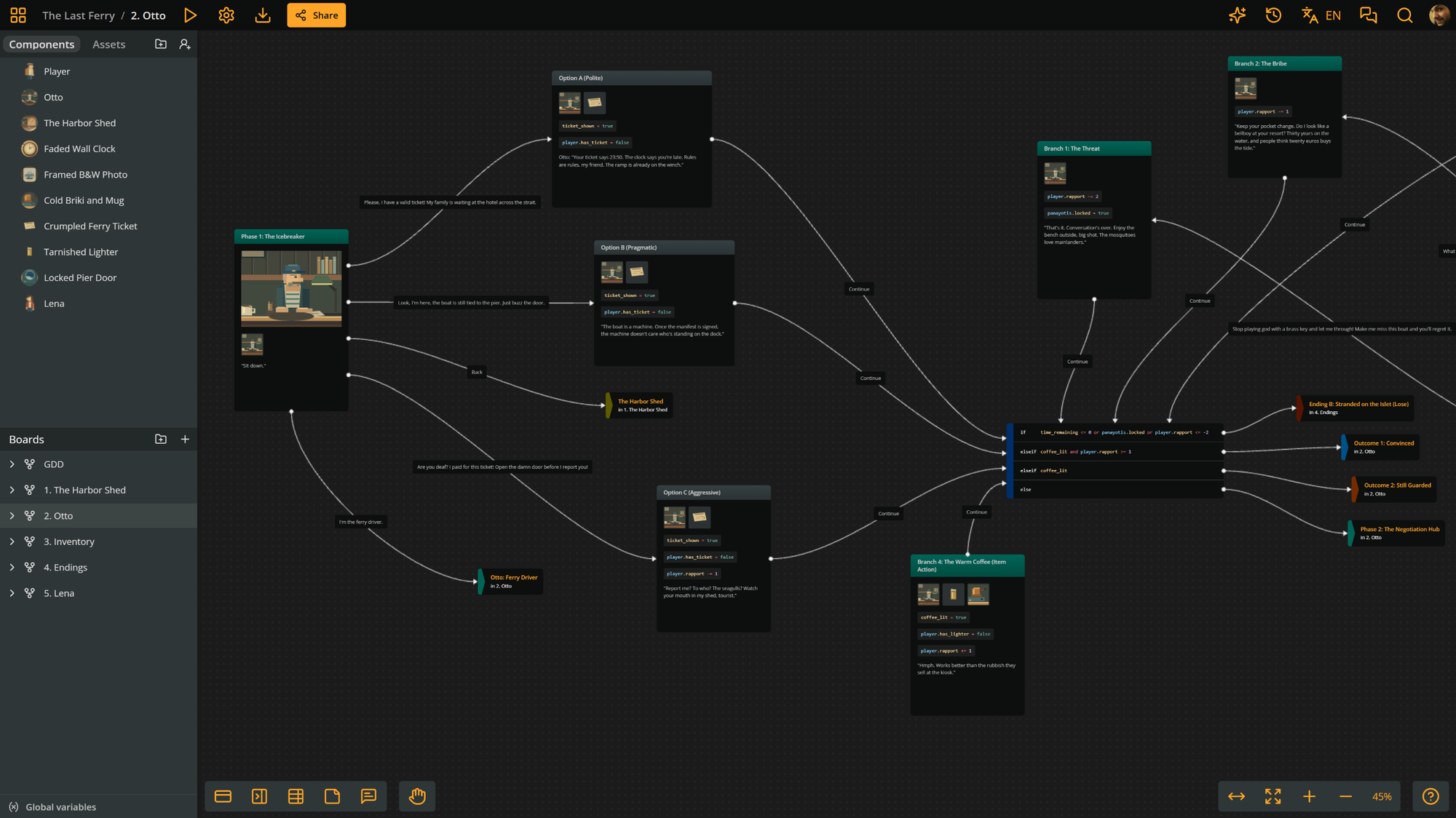 Arcweave project environment for the point-and-click game. The text, logic, and assets is represented on a visual board with interconnected nodes (elements).