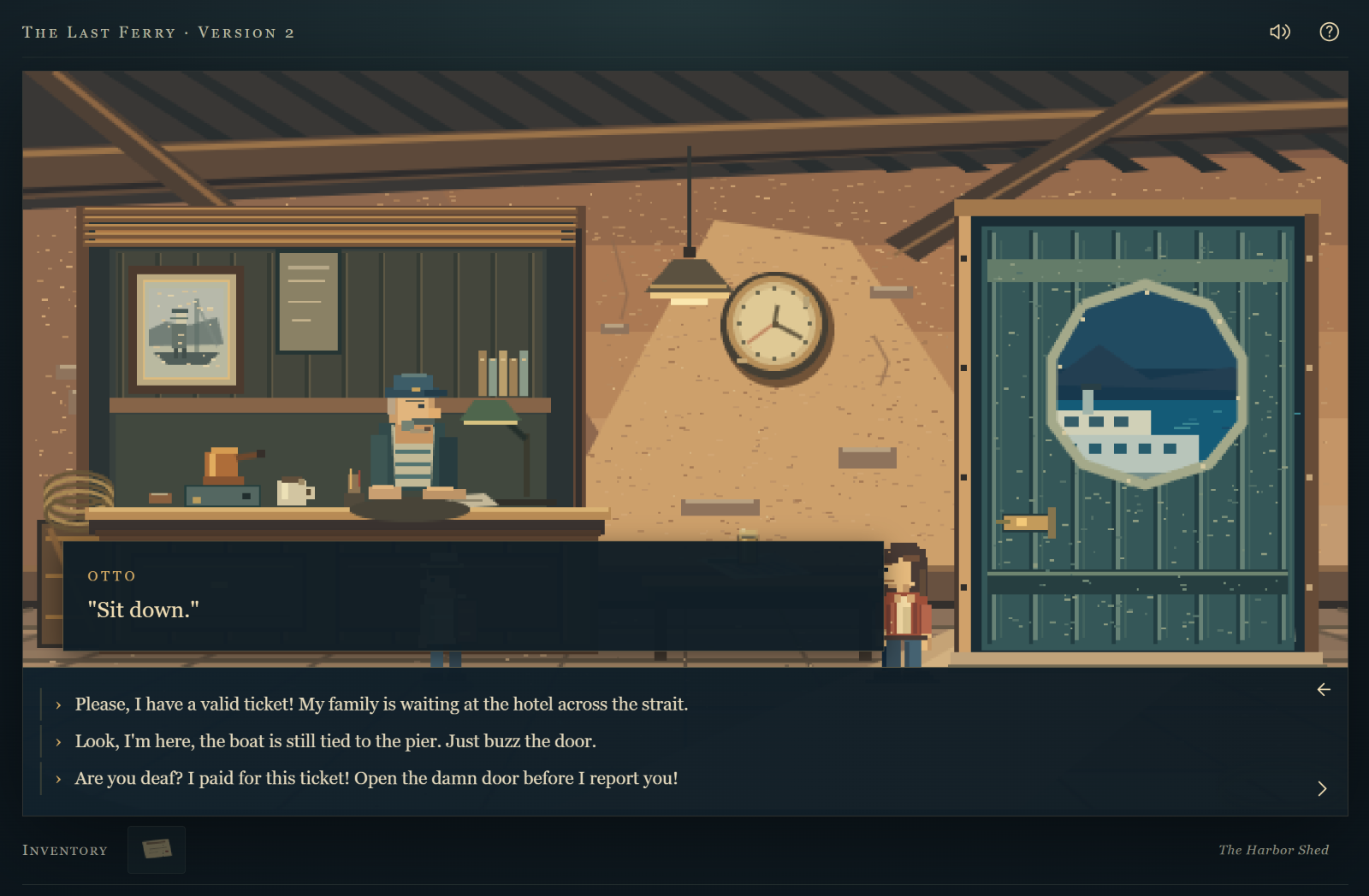 Screenshot of the point-and-click game during dialogue. The harbour shed location with the same characters, but now we can see dialogue options at the bottom of the screen, as the player speaks with the ferry manager.