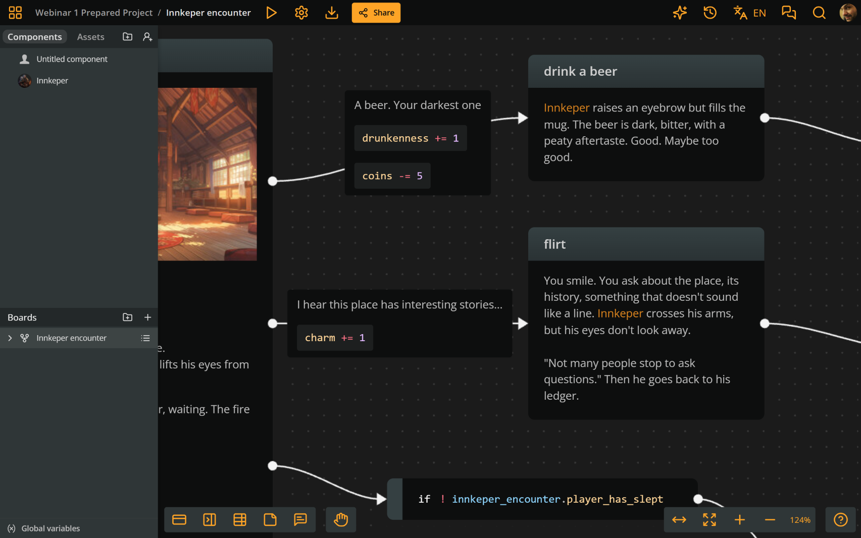 Arcweave project environment, showing the label of the "Order a beer" option, which also includes the expressions for altering the coins and drunkenness variables using arcscript.