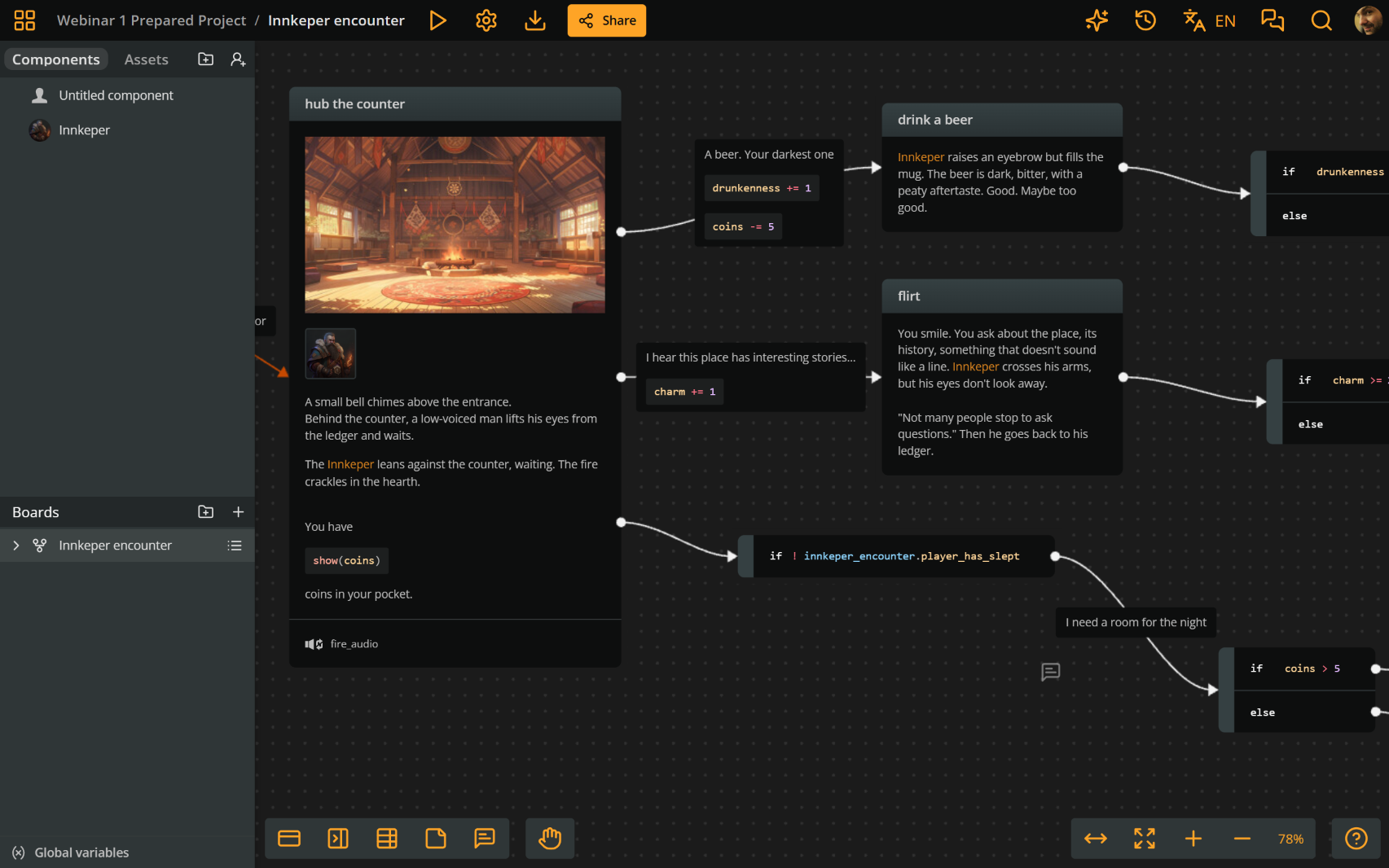 Arcweave project environment showing the main dialogue element and its three options mentioned above.