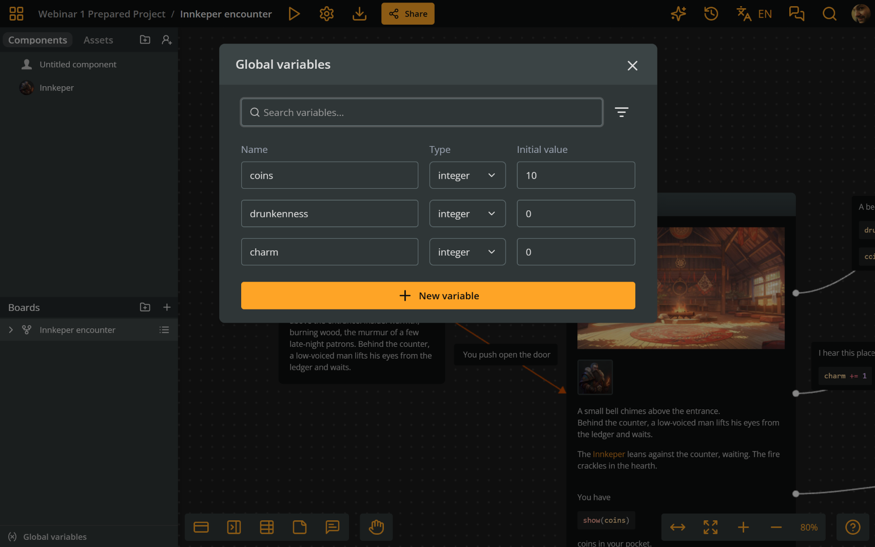 Arcweave project environment; the global variables modal is open, showing the three variables described above.