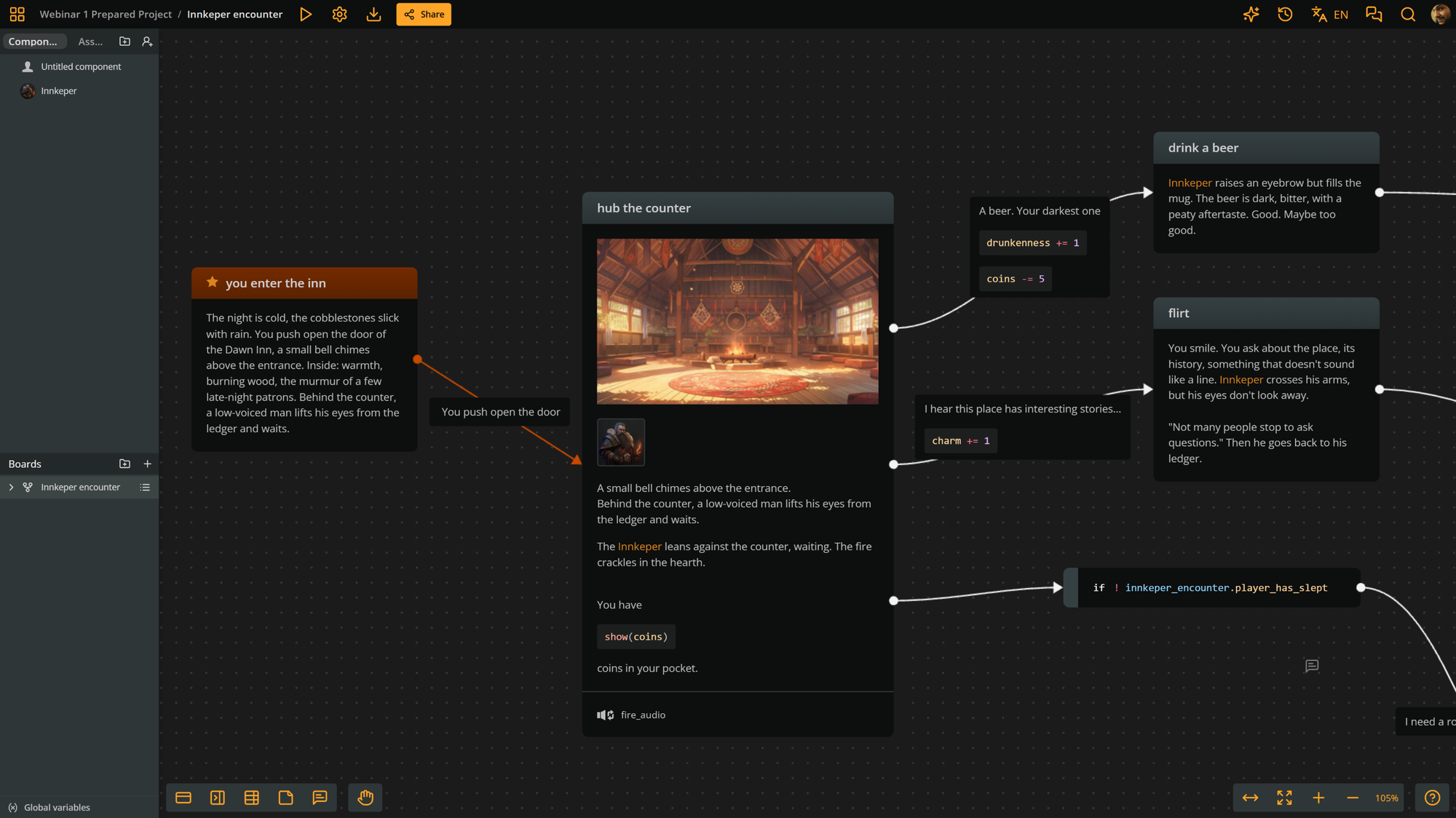 Arcweave project environment showing the scene's first elements.