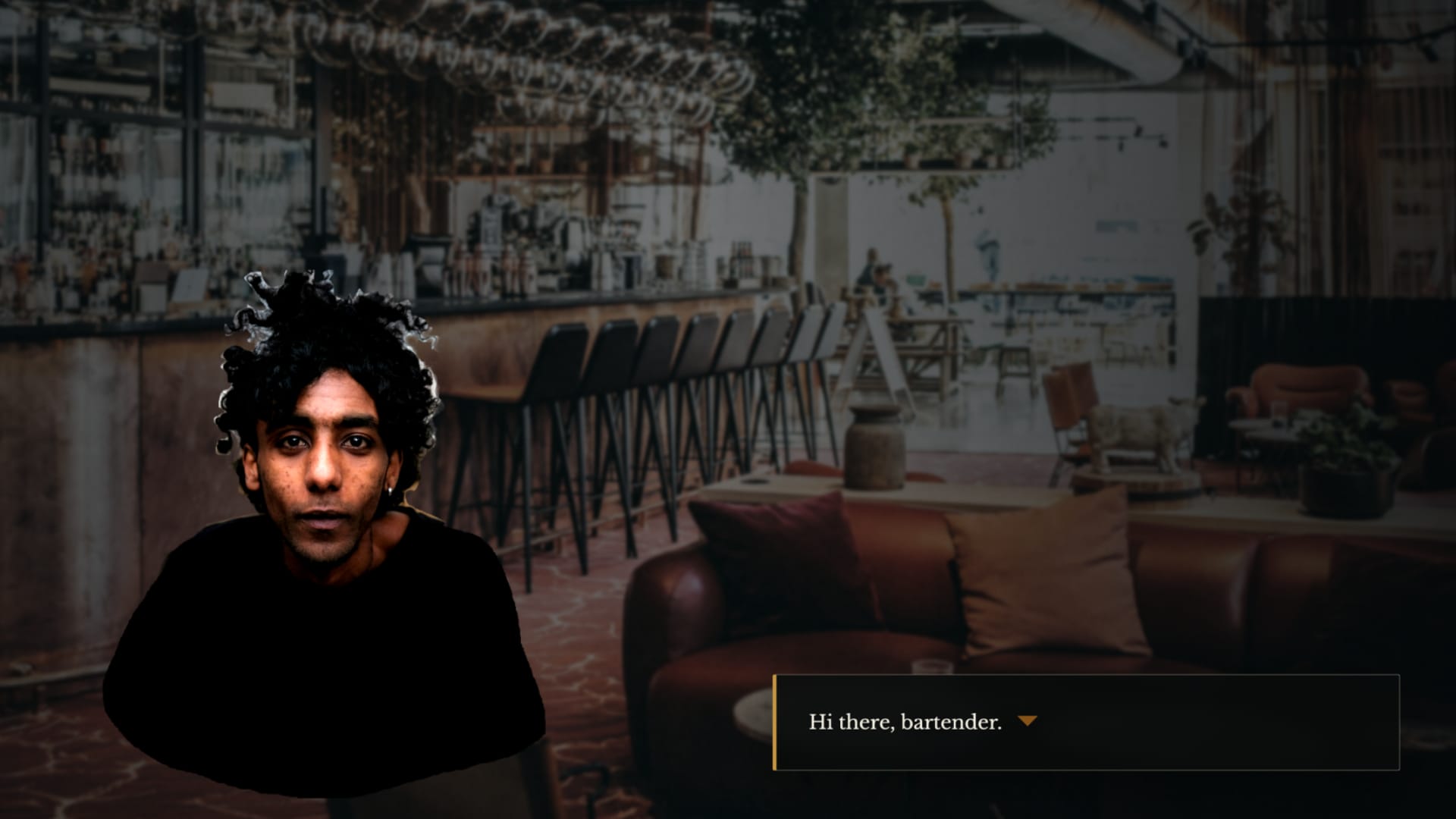 Screenshot from the dialogue on the game's Play Mode. The player avatar appears along side the dialogue lines "Hi there, bartender."