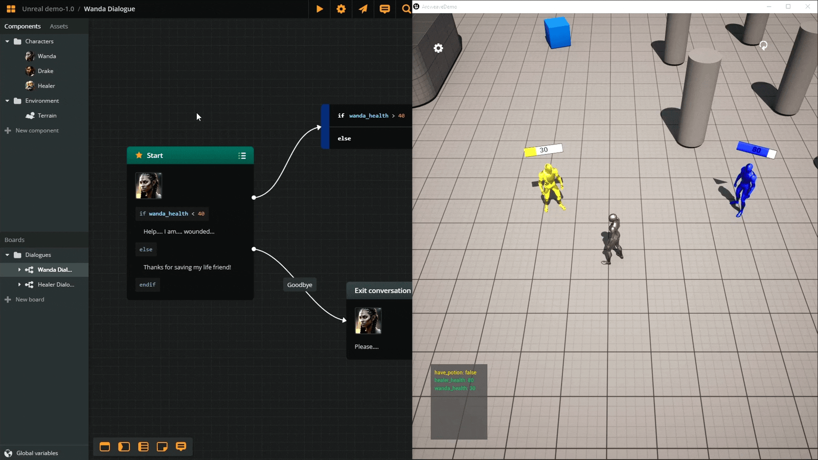 Screen split between Arcweave (left) and an Unreal Engine game (right).