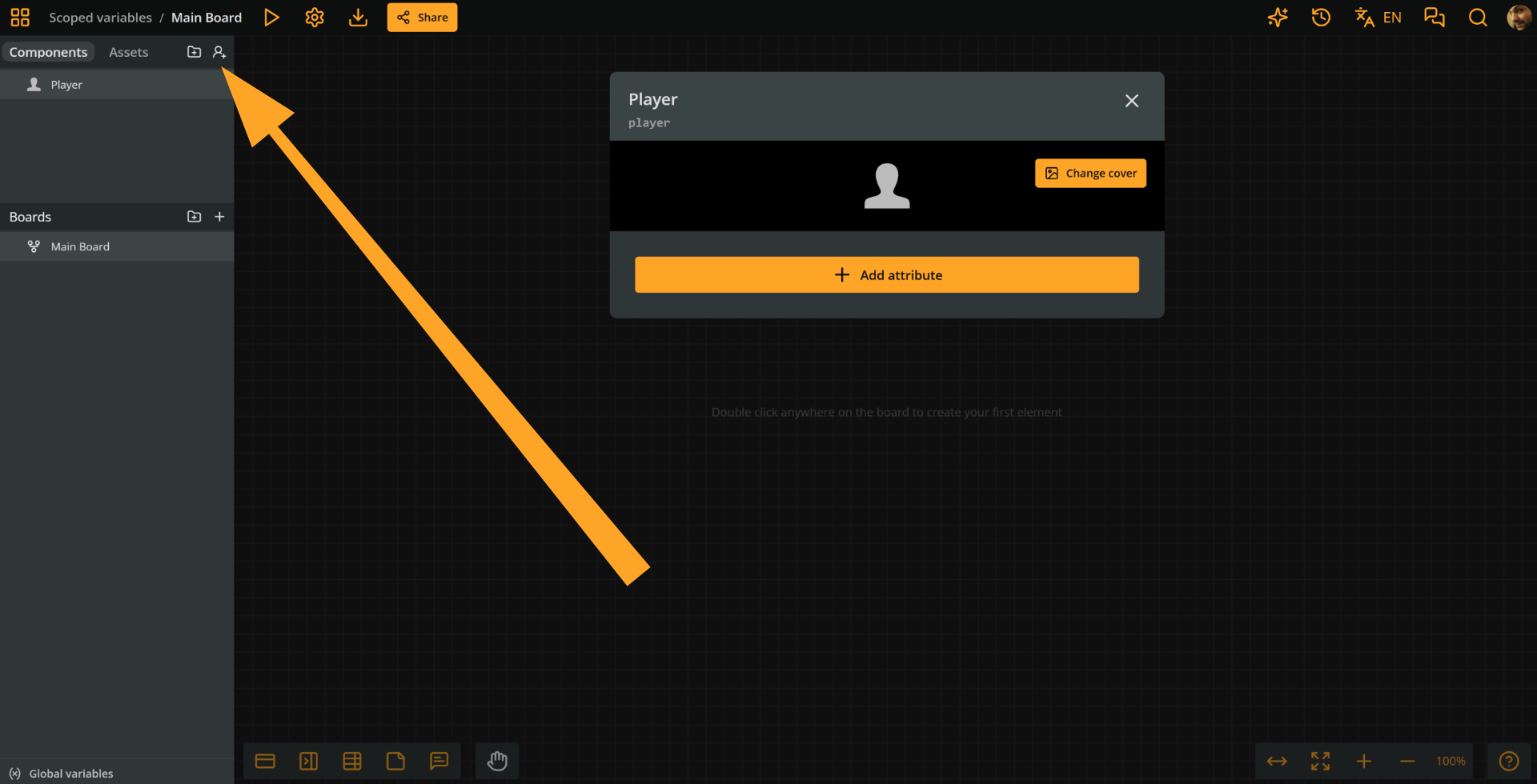 Arcweave project environment. An orange arrow points at the Create component button. A new component called Player is open.