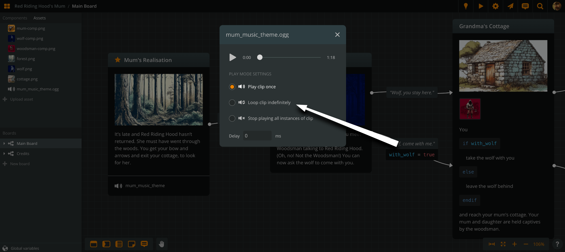 Arcweave UI, with the audio instance menu open, showing options on looping and delay functionality.
