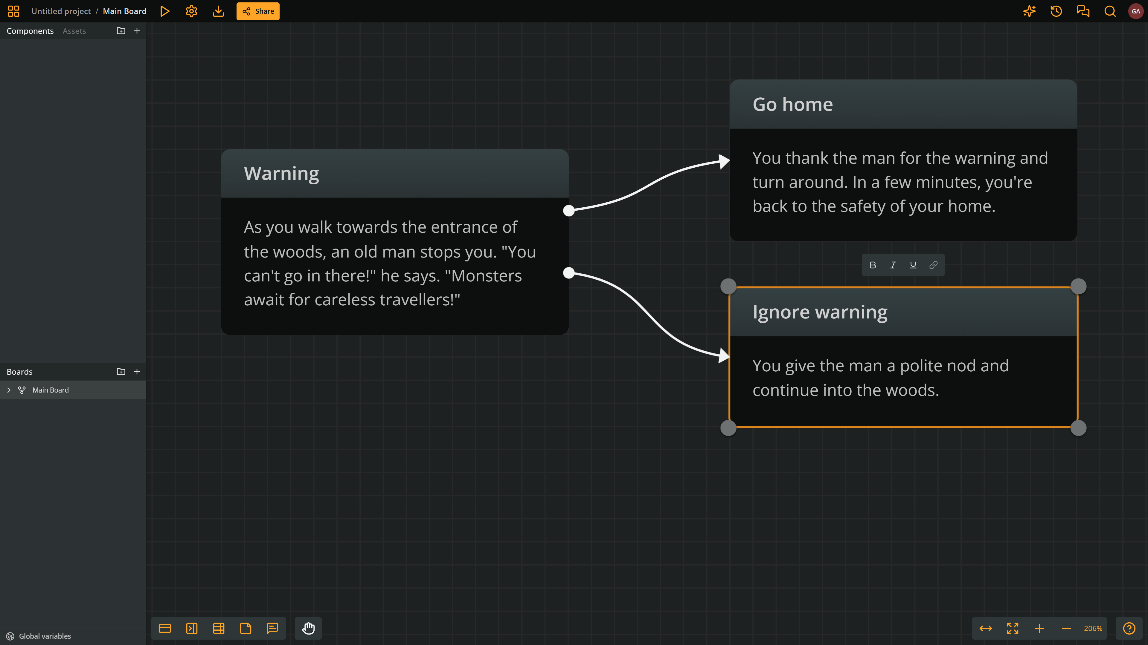 Arcweave interface showing a board with three elements, where the first one branches into the other two, as described in the blogpost.