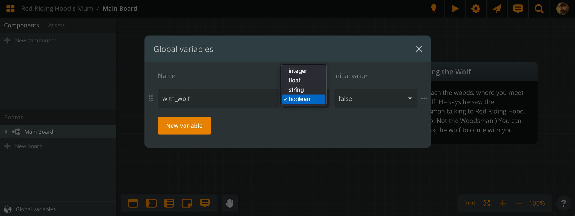 Arcweave screenshot: global variables list with one variable named "with wolf" of type boolean and value "false."