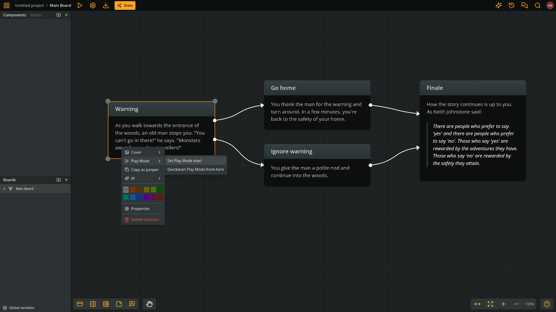Arcweave interface: the element context menu showing the option to "Set Play Mode start."