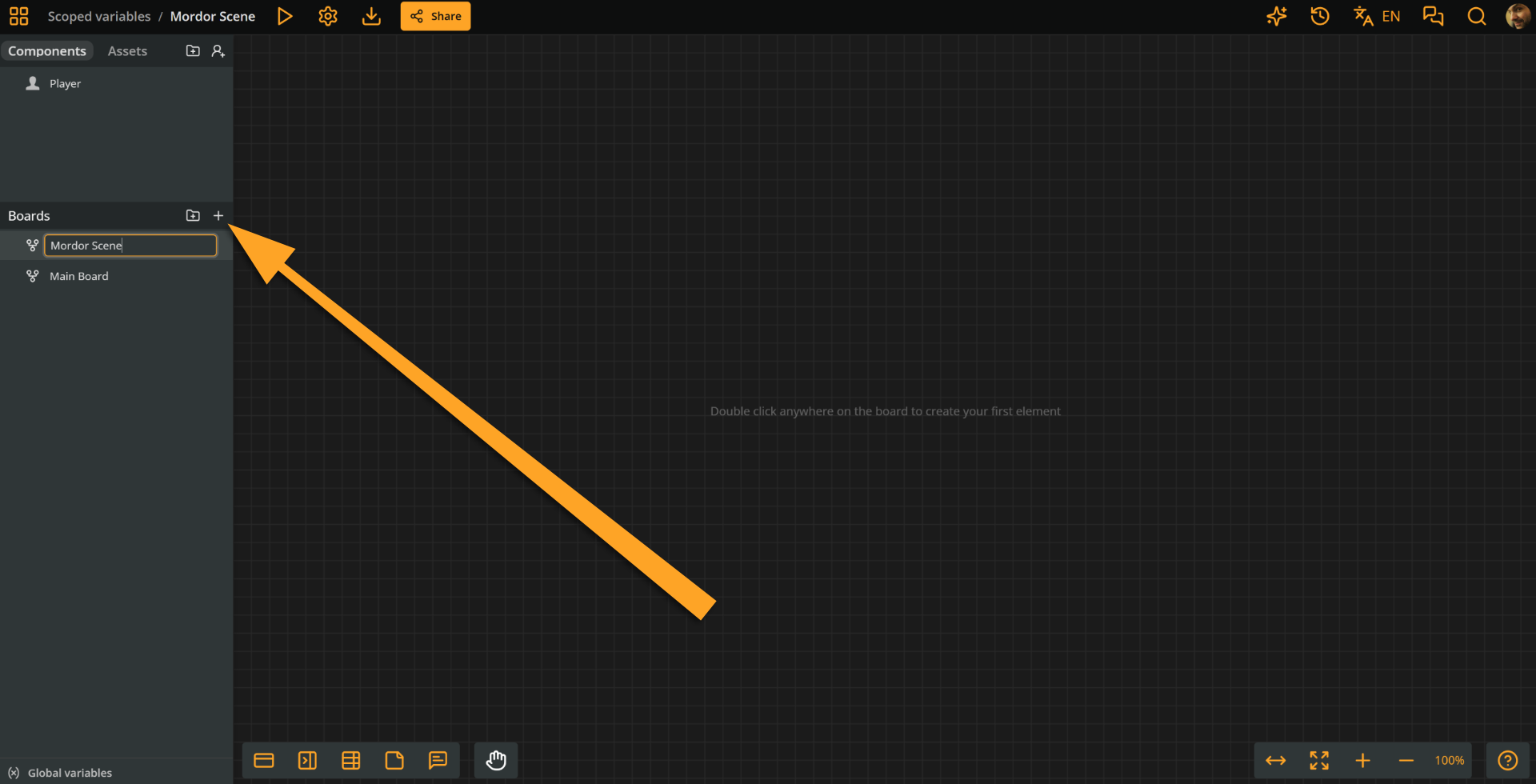 Arcweave project environment. An orange arrow points at the Create board button (a plus icon) at the left sidebar.