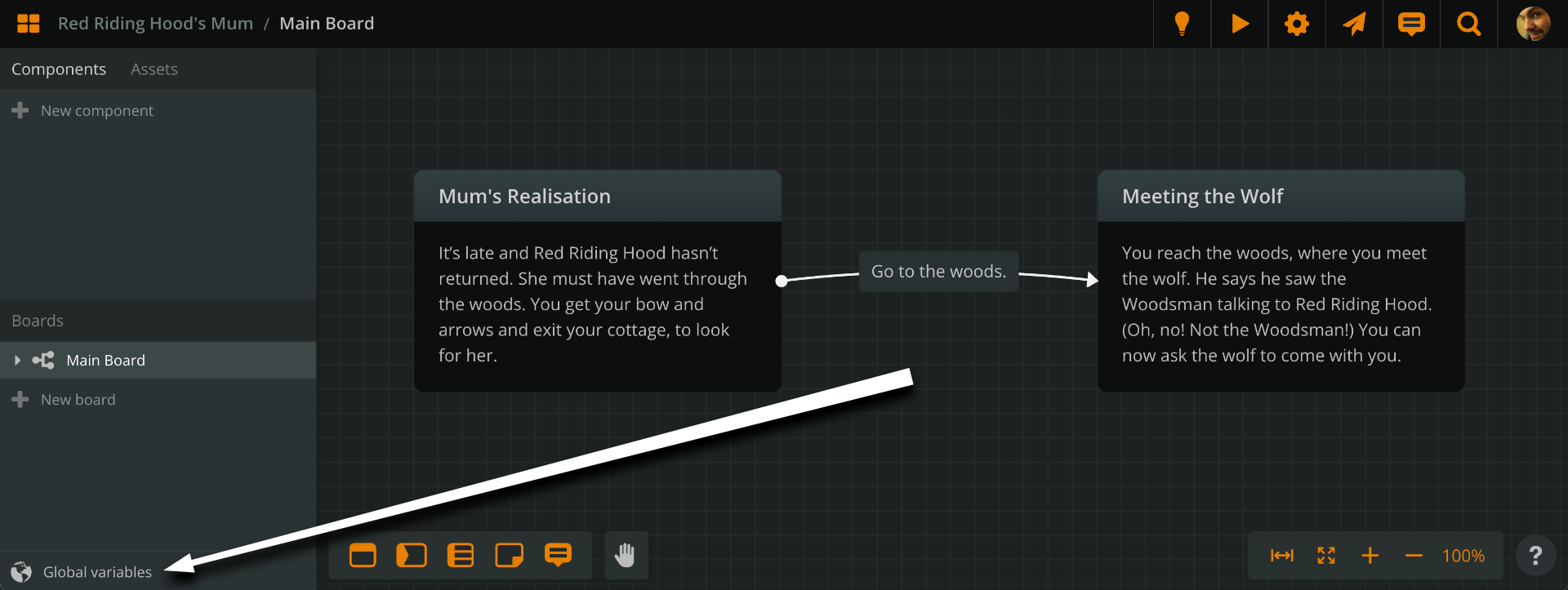 Arcweave screenshot with arrow pointing at the global variables button.