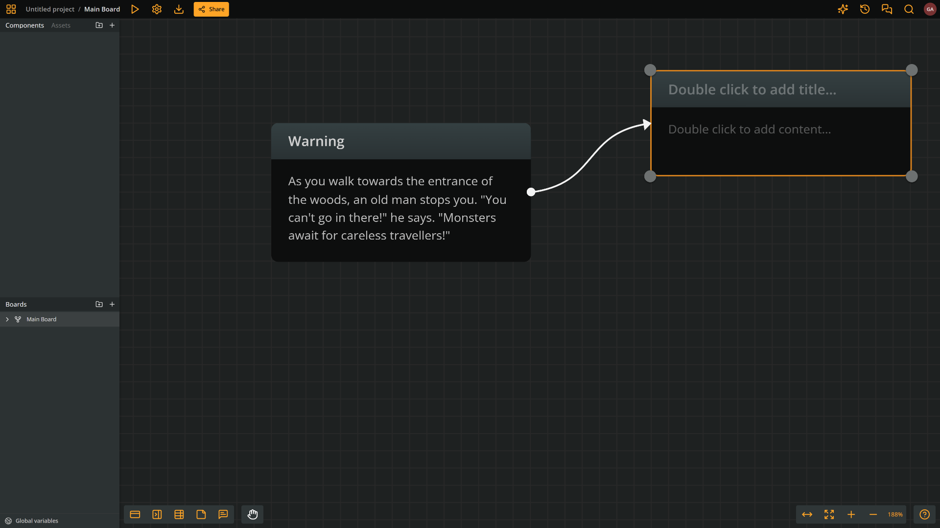 Arcweave's environment: our first element, now connected with a new empty element, which is currently selected.