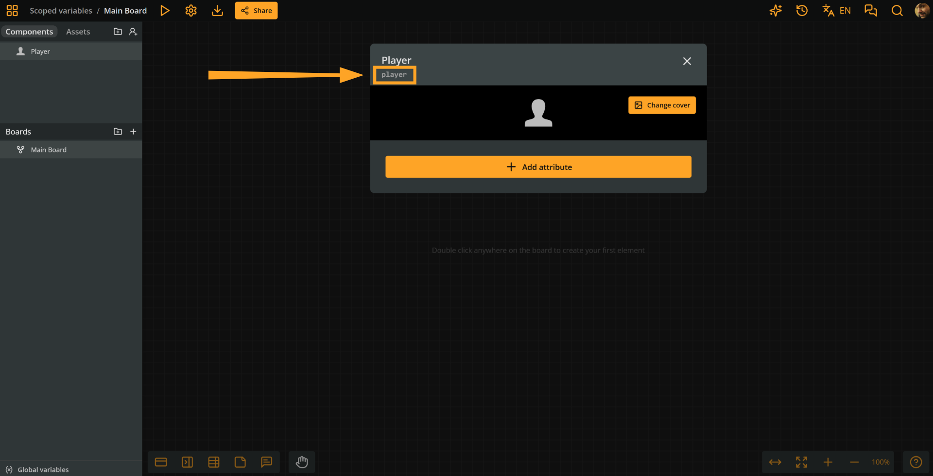 Arcweave project environment. The modal of the Player component is open, while an orange arrow points at the component's custom id, which is also player, in lowercase.