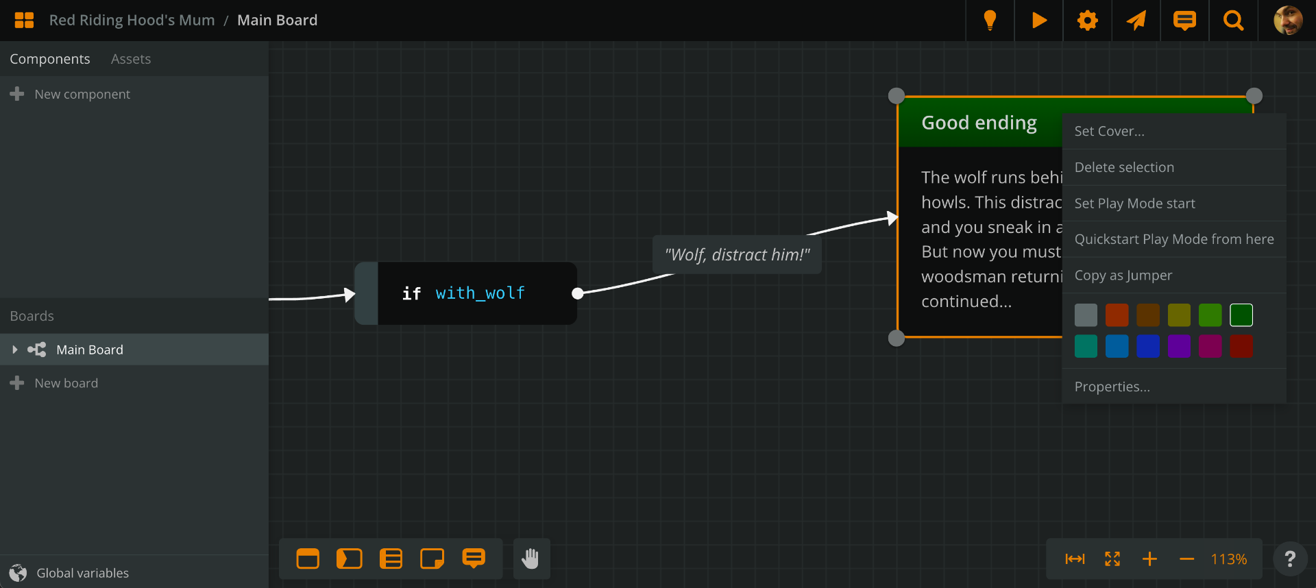 A branch connected to an element. The element's context menu is open, focused on the element colour.