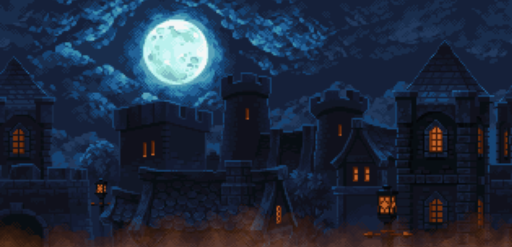 Pixel art landscape of a moonlit sky looming over a medieval castle.