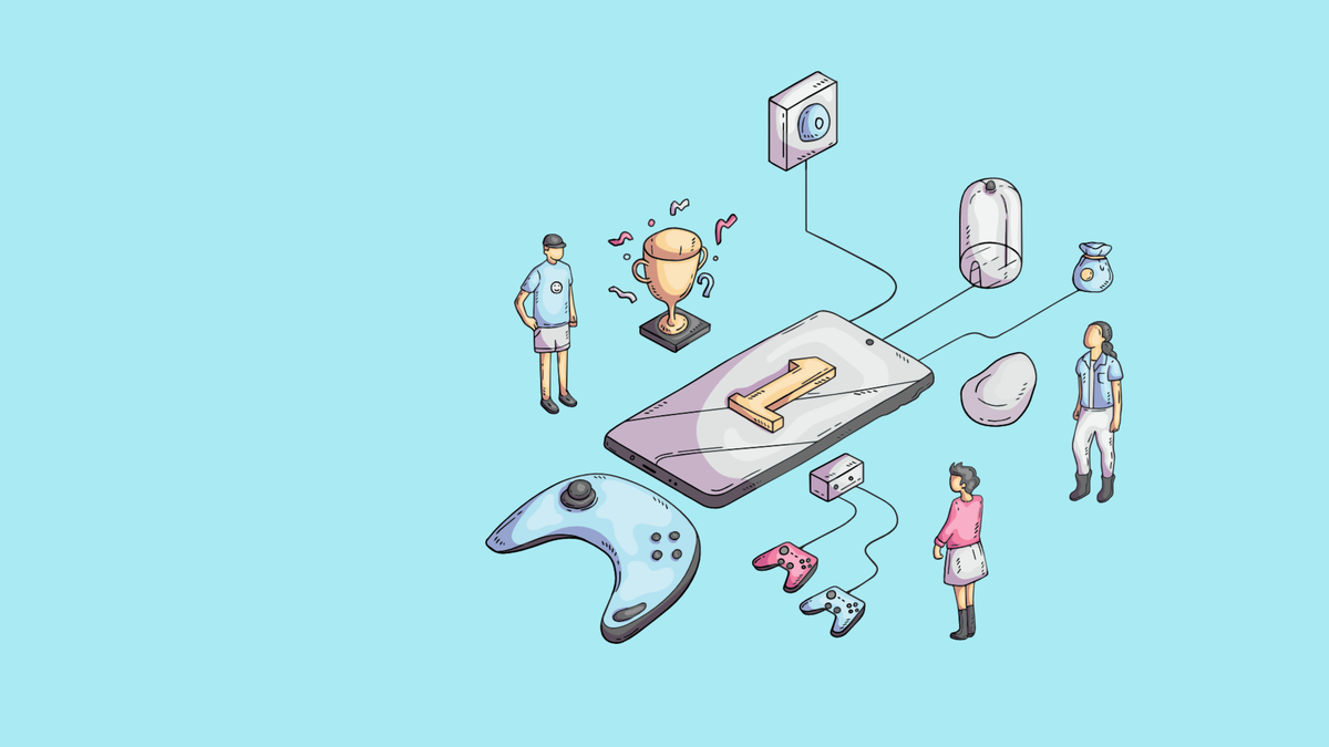 Illustration of three people taking first place in game jam, surrounded by game controllers and other game paraphernalia