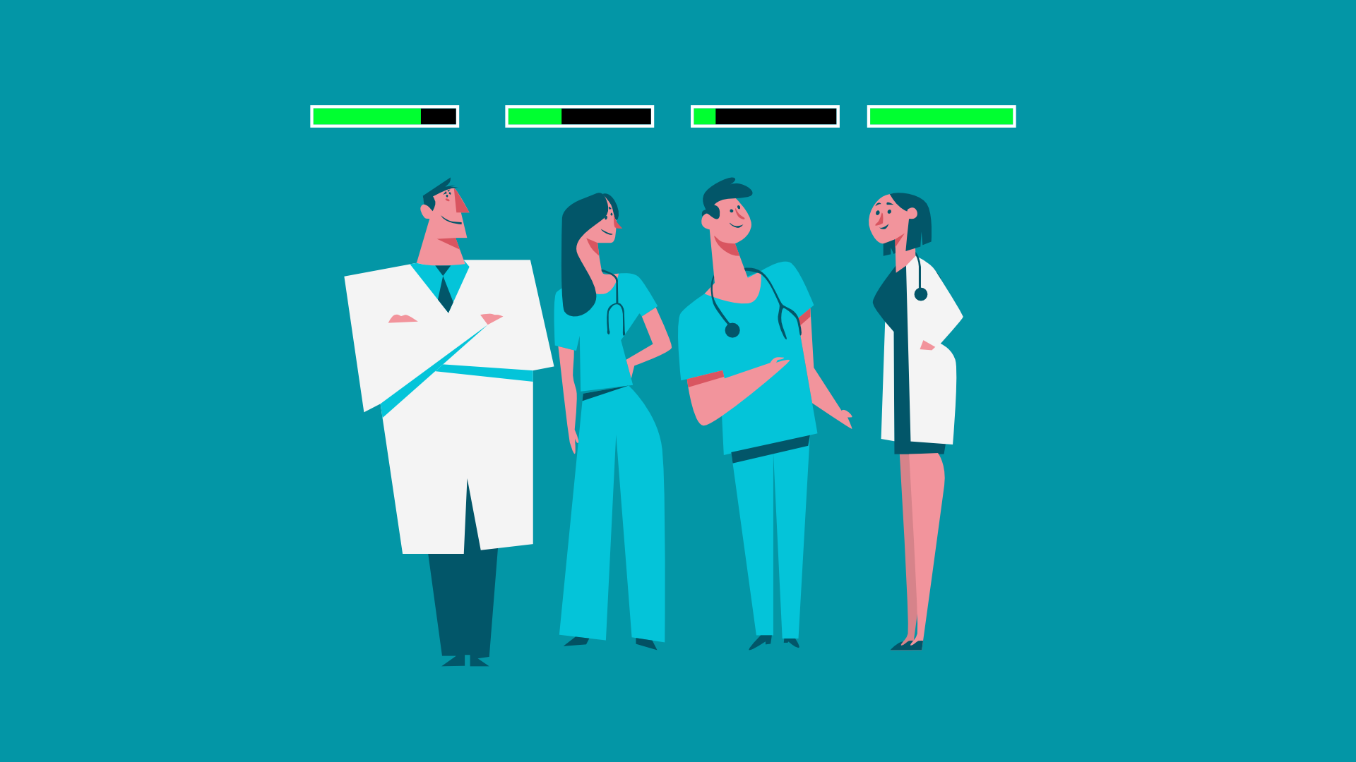 Four illustrated healthcare workers: male nurse, female doctor, male doctor, female nurse. Each has a game-style health bar.