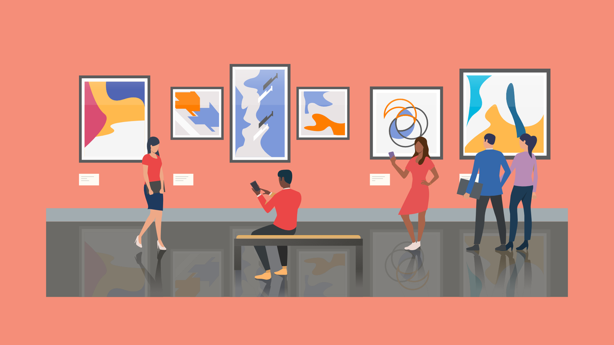 Illustration of gallery interior with various people admiring the paintings