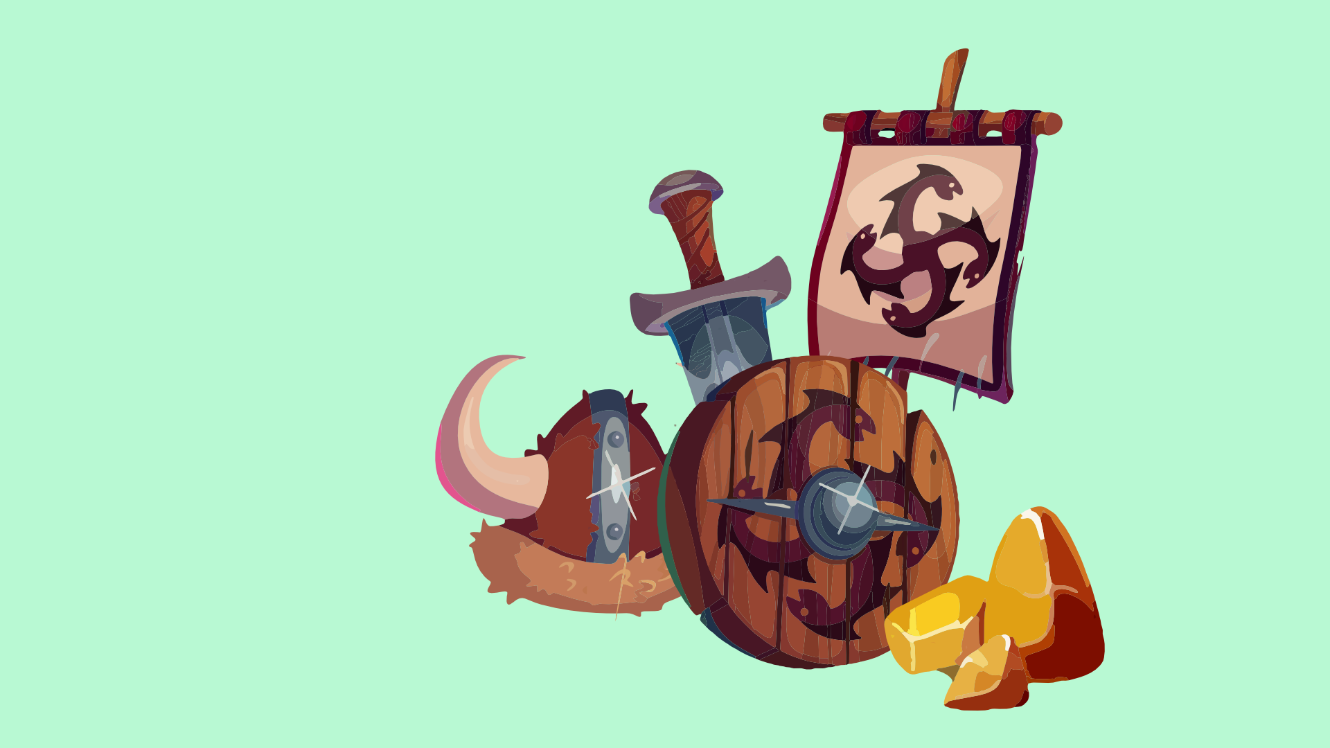 A small pile of a sword, shield, horned helmet, banner, and gold nuggets, in a cartoonish style of illustration.