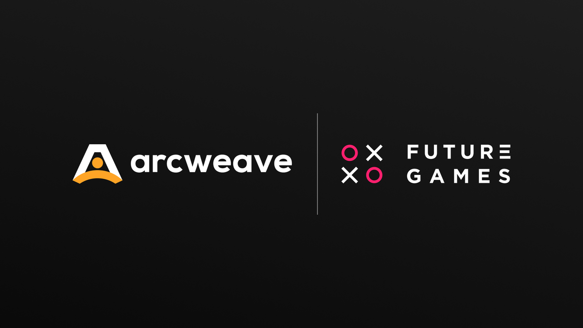 The logos of Arcweave (left) and Futuregames (right) over black background