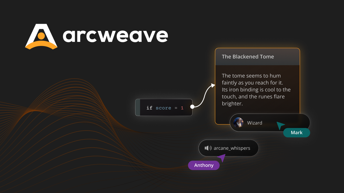 Abstract illustration of Arcweave element and branch, along with the mouse cursors of users collaborating in real time. The Arcweave logo at the top left