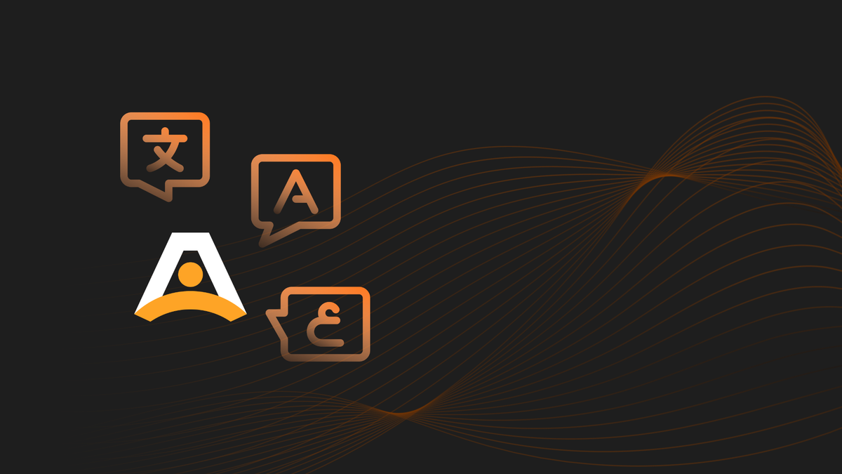 Abstract illustration of Arcweave logo with dialogue bubbles containing symbols of various alphabets and ideograms.