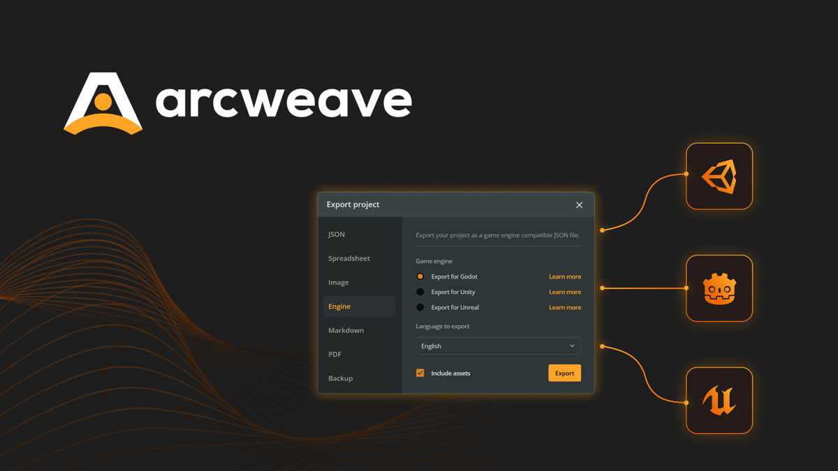 Abstract illustration of Arcweave logo with the Export menu and logos of Unity, Godot Engine, and Unreal Engine.