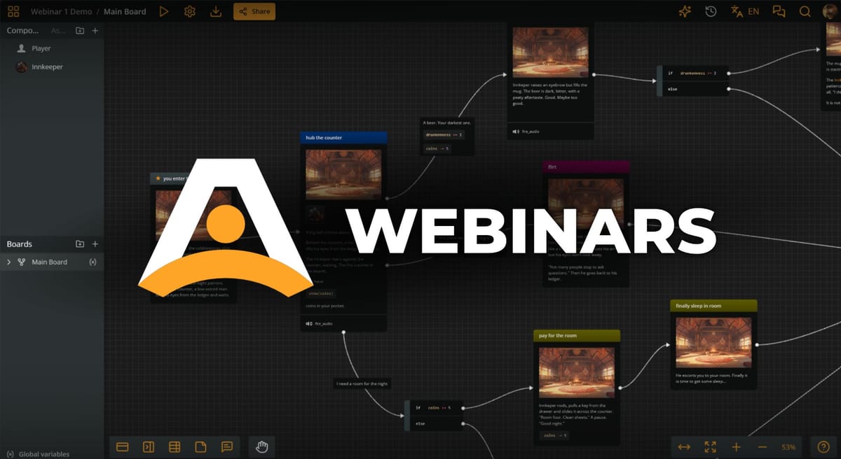 The Arcweave logo and the title WEBINARS superimposed over Arcweave's project environment.