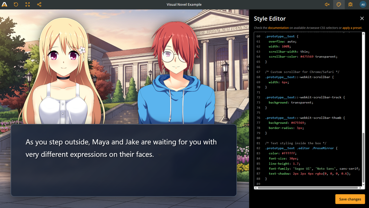 The Visual Novel Example project in Arcweave Play Mode. On the left, the story, showing two characters and a dialogue box. On the right, the Style Editor, showing the CSS code.