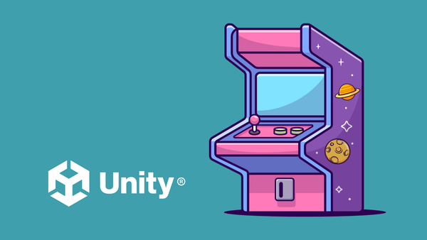 Vector illustration of a retro arcade console next to the Unity logo in white letters, on dark turquoise background.