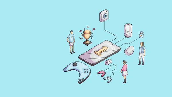 Illustration of three people taking first place in game jam, surrounded by game controllers and other game paraphernalia