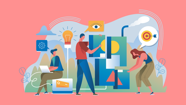 Vector illustration of three creatives collaborating, with gear, eye, and target symbols in speech balloons.