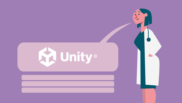 Illustration of a doctor standing at the right of the screen. A speech balloon with the Unity logo points at her face, with player dialogue options beneath it.