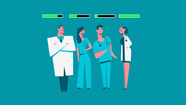 Four illustrated healthcare workers: male nurse, female doctor, male doctor, female nurse. Each has a game-style health bar.