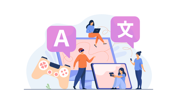 Vector illustration of four people using mobile and desktop devices, a screen, and a game controller, with dialogue balloons in various languages.