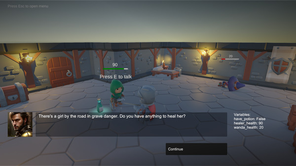 Screenshot of a 3D RPG game. A character wearing plate armour is in dialogue with another character wearing a green cloak.