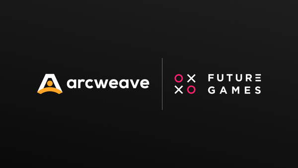The logos of Arcweave (left) and Futuregames (right) over black background