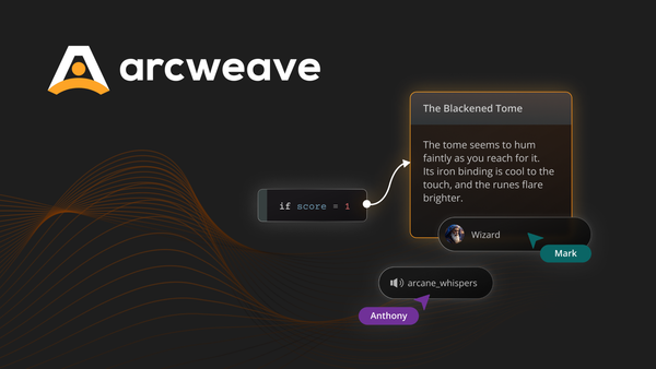 Abstract illustration of Arcweave element and branch, along with the mouse cursors of users collaborating in real time. The Arcweave logo at the top left