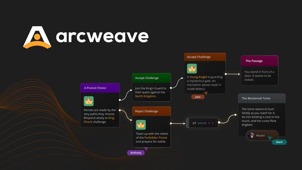 Abstract illustration of Arcweave logo with diagram of elements and connections depicting a game quest.