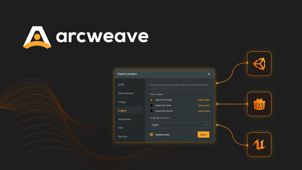 Abstract illustration of Arcweave logo with the Export menu and logos of Unity, Godot Engine, and Unreal Engine.
