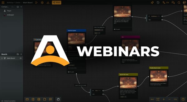 The Arcweave logo and the title WEBINARS superimposed over Arcweave's project environment.