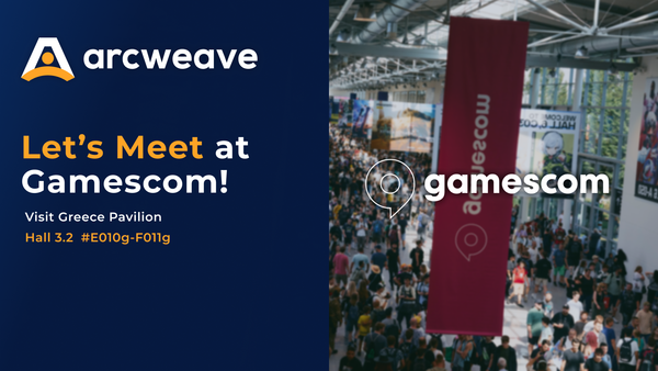 A flyer-style invitation to meet with the Arcweave team at Gamescom, at Greece Pavilion, Hall 3.2, E10g-F11g.