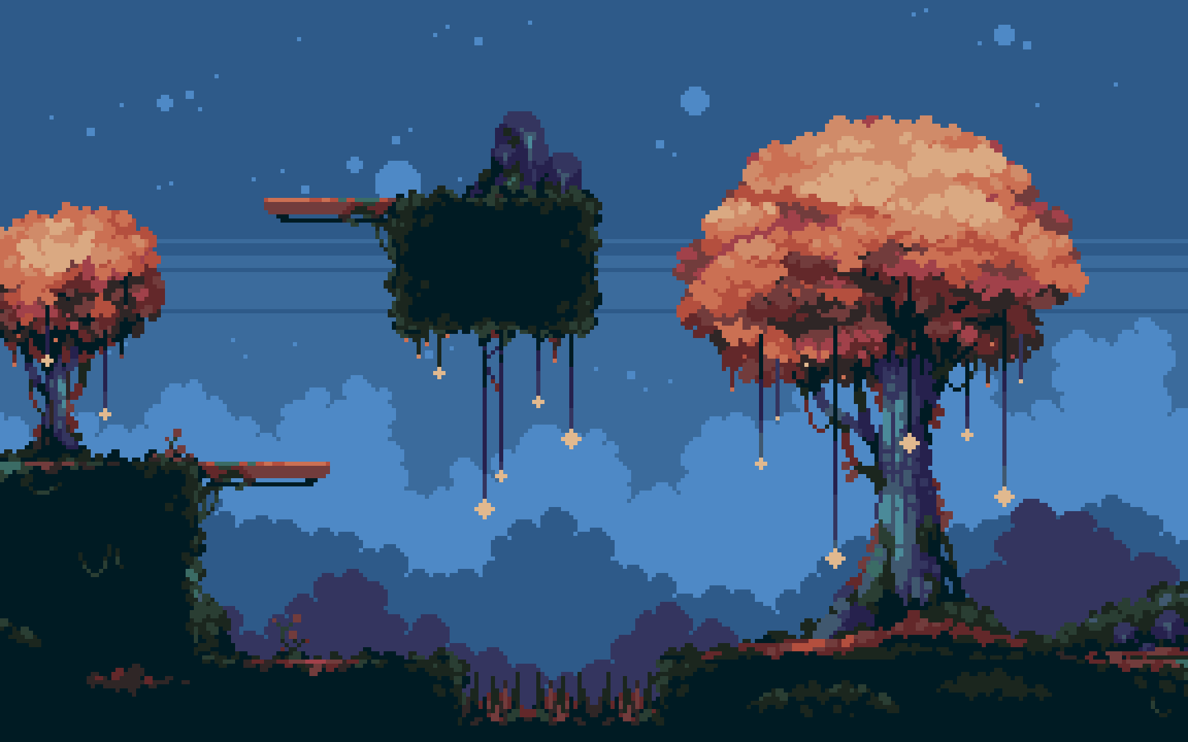 A nocturnal landscape drawn in pixel art, with a starry sky behind trees.