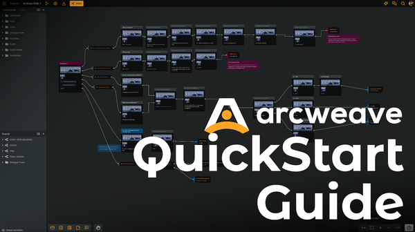 Title card saying "Arcweave Quick Start Guide," superimposed over Arcweave's project interface