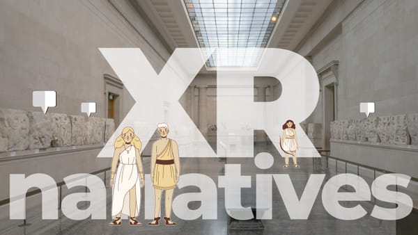 Archaeological museum interior with illustrated ancient Greek people and pinned points of interest, suggesting augmented reality. Superimposed title: XR Narratives.